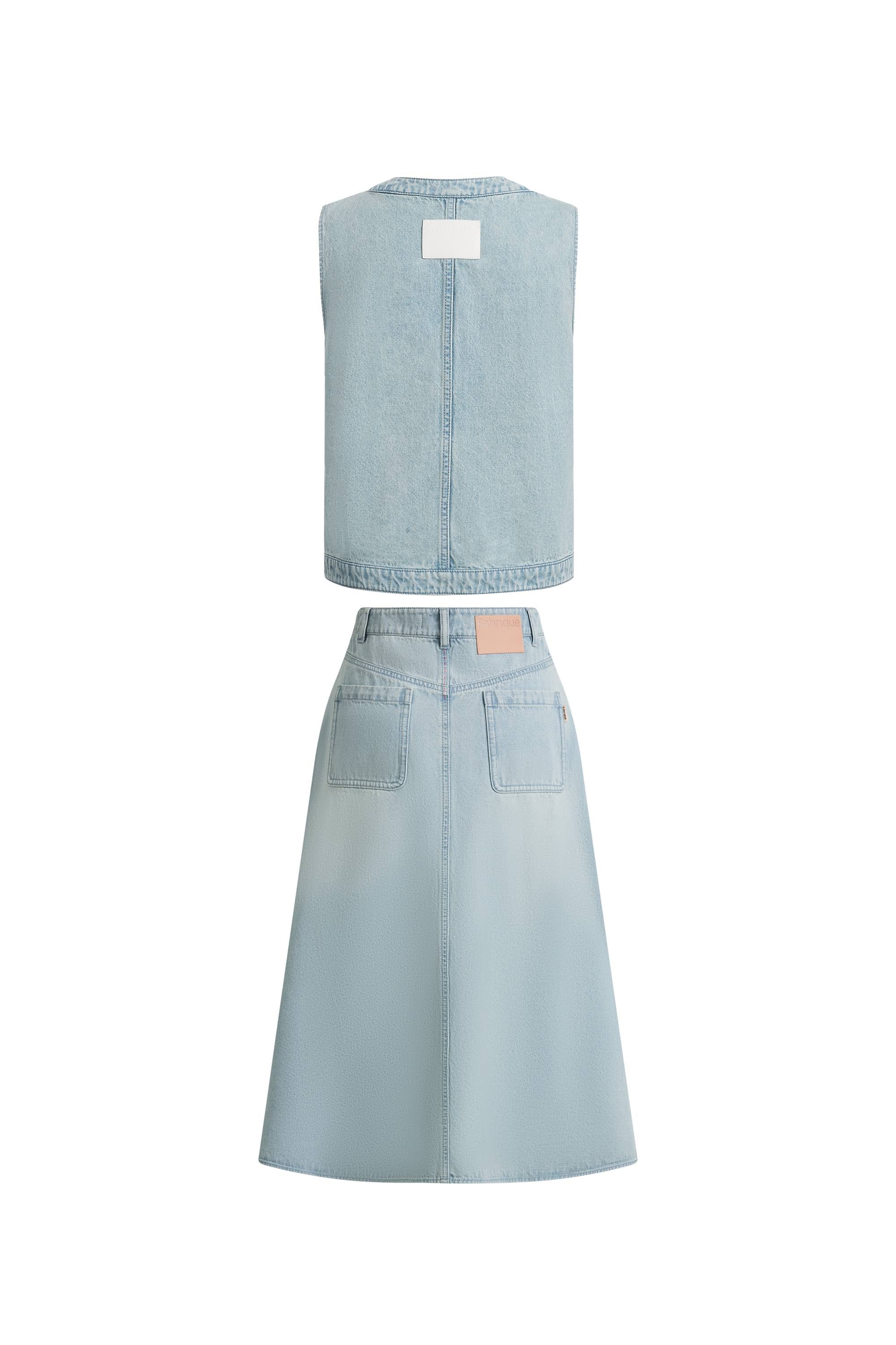 Perla Embossed Flowers Sleeveless Round Neck Top and Skirt Matching Set in Cotton Denim - Image 9