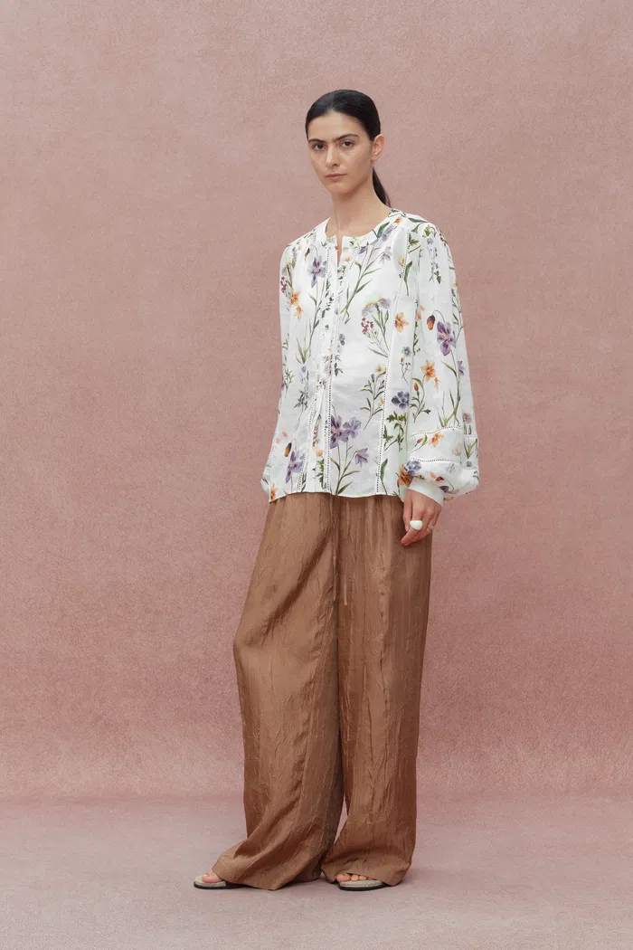 Perla Hand Painted Flora Blouse in Tencel-Ramie - Image 4