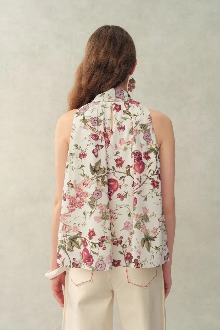 Pernilla Pomegranate Floral Print Tie Neck Blouse in Stretch Silk Double Crepe - Image 4