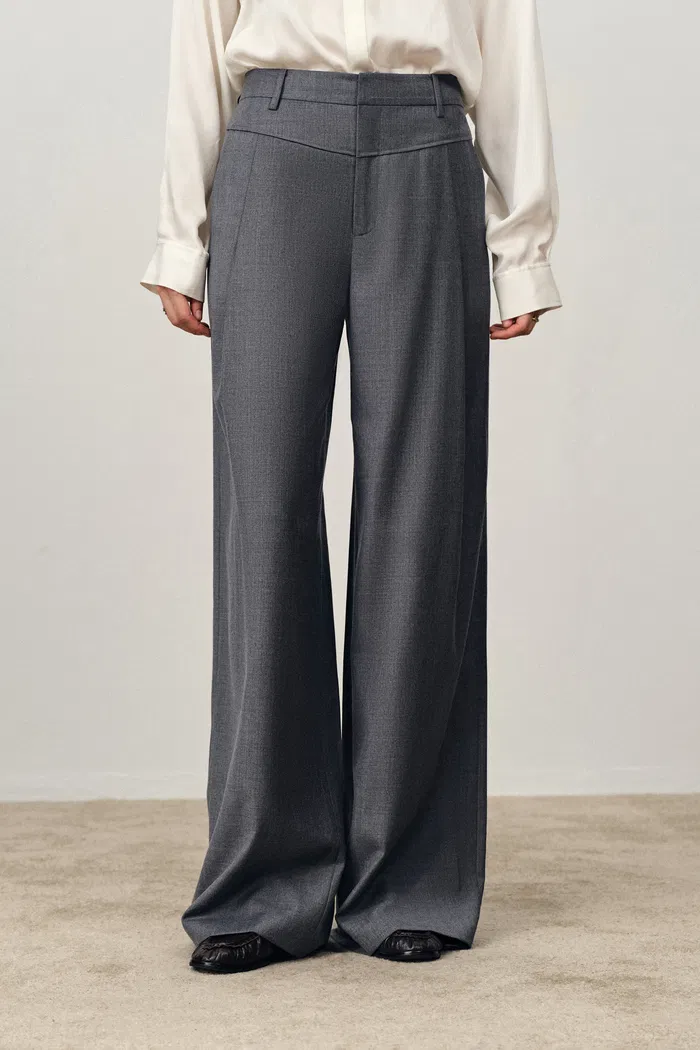 Phoebe Front V Shaped Trousers in Fine Wool Silk Blend Suiting