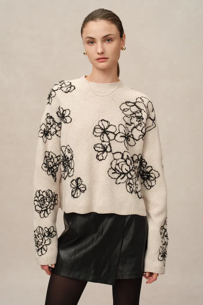 Poppy Embroidered Sweater in Chunky Wool Knit - Image 2