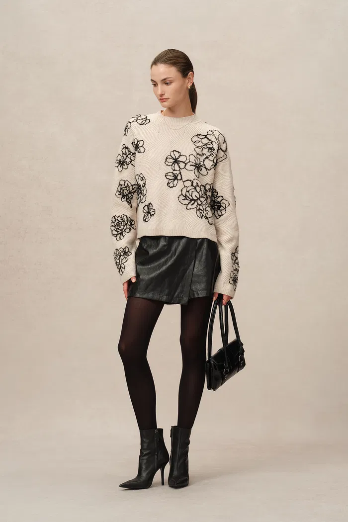 Poppy Embroidered Sweater in Chunky Wool Knit - Image 3