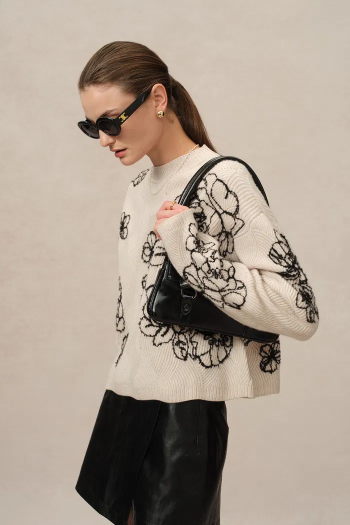 Poppy Embroidered Sweater in Chunky Wool Knit - Image 6