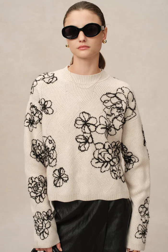 Poppy Embroidered Sweater in Chunky Wool Knit - Image 7