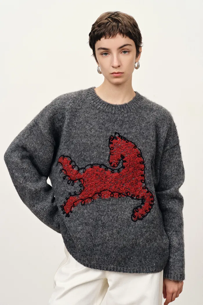 Quella Red Pony Drop Shoulder Sweater in Alpaca Wool Knit - Image 2