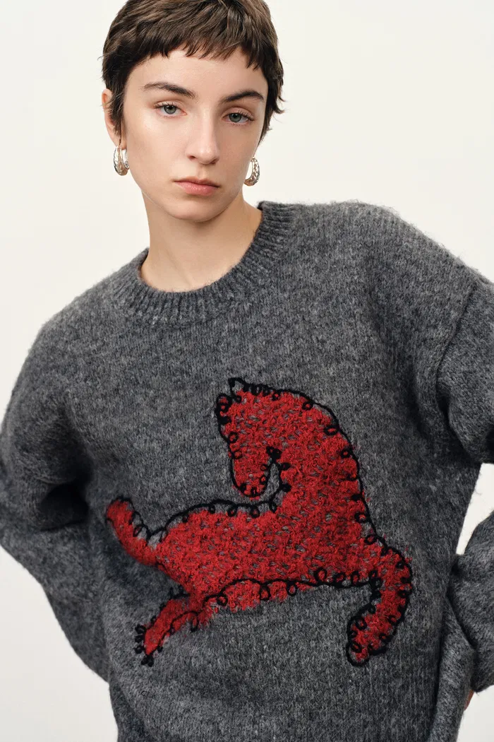 Quella Red Pony Drop Shoulder Sweater in Alpaca Wool Knit - Image 3