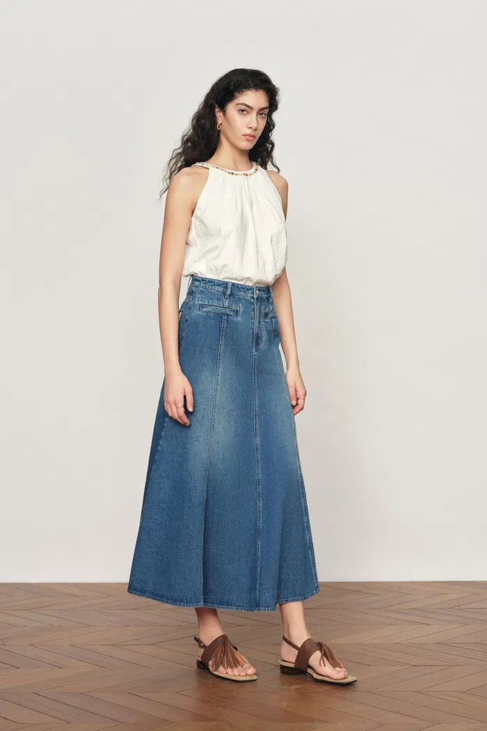 Quilla A-Line Midi Skirt in Cotton Denim - Image 2