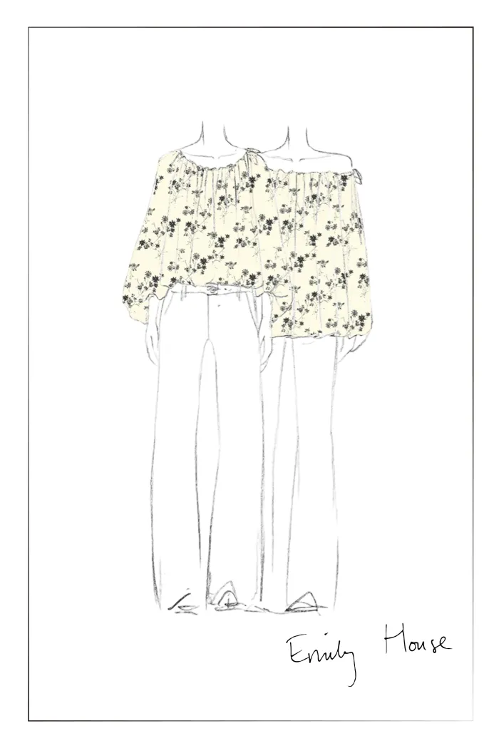 Quillie Hand Painted Print Off Shoulder Long Sleeve Blouse Top in Silk Twill - Image 10