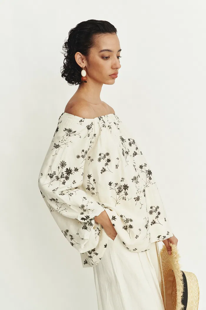 Quillie Hand Painted Print Off Shoulder Long Sleeve Blouse Top in Silk Twill - Image 6
