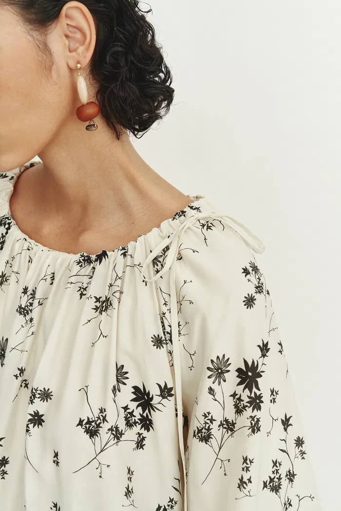 Quillie Hand Painted Print Off Shoulder Long Sleeve Blouse Top in Silk Twill - Image 8