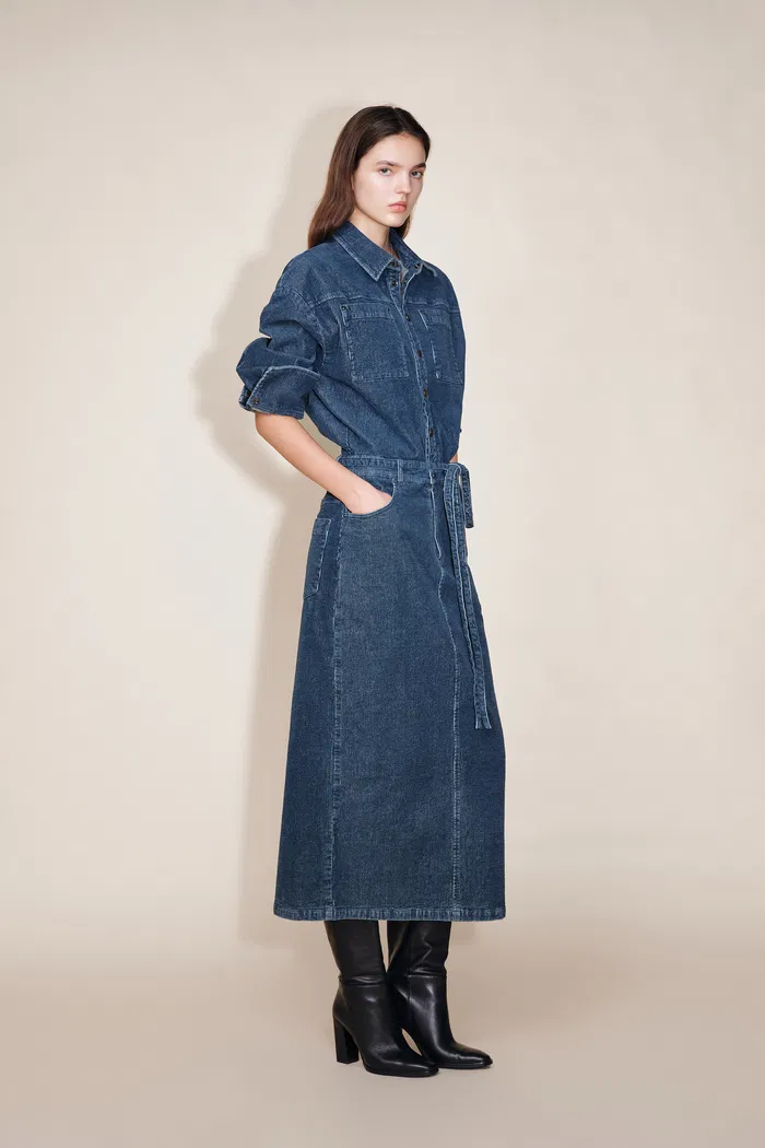 Quinn Antique Style Metal Buttons Dress in Washed Stretchy Corduroy - Image 3