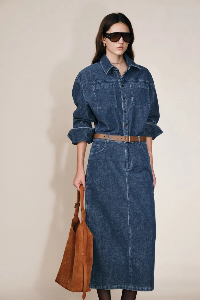 Quinn Antique Style Metal Buttons Dress in Washed Stretchy Corduroy - Image 4