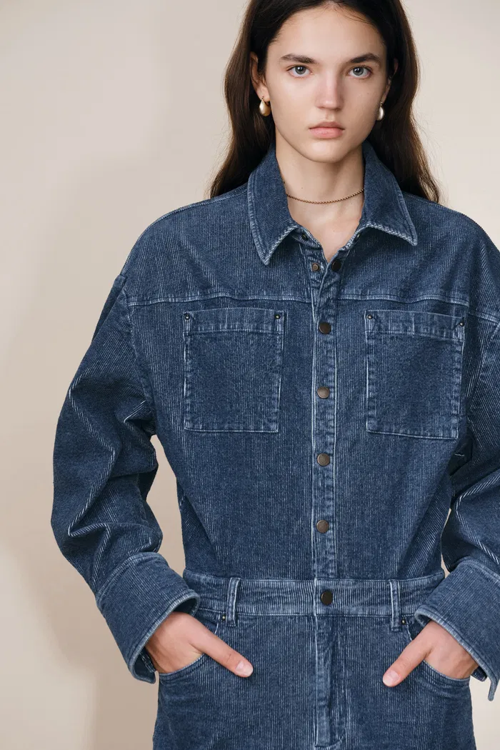 Quinn Antique Style Metal Buttons Dress in Washed Stretchy Corduroy - Image 5