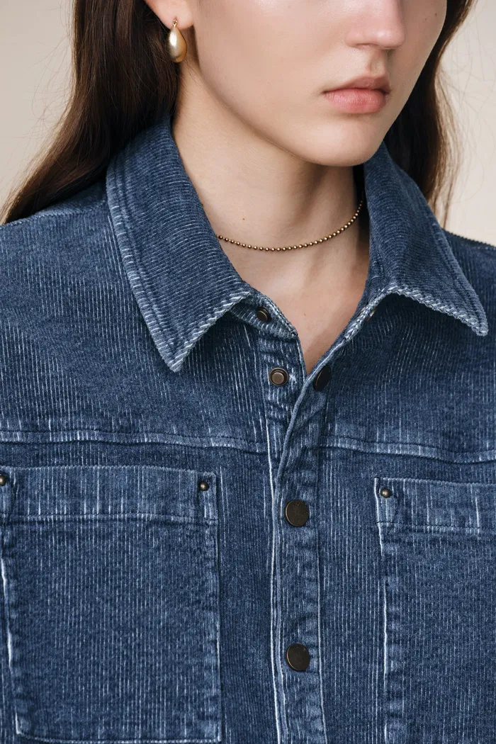 Quinn Antique Style Metal Buttons Dress in Washed Stretchy Corduroy - Image 6
