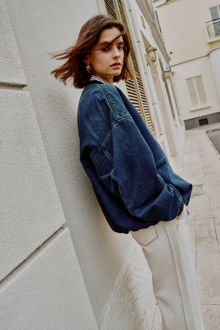 Quinn Denim Bomber Jacket in Lightweight Plain-Weave Denim - Image 3