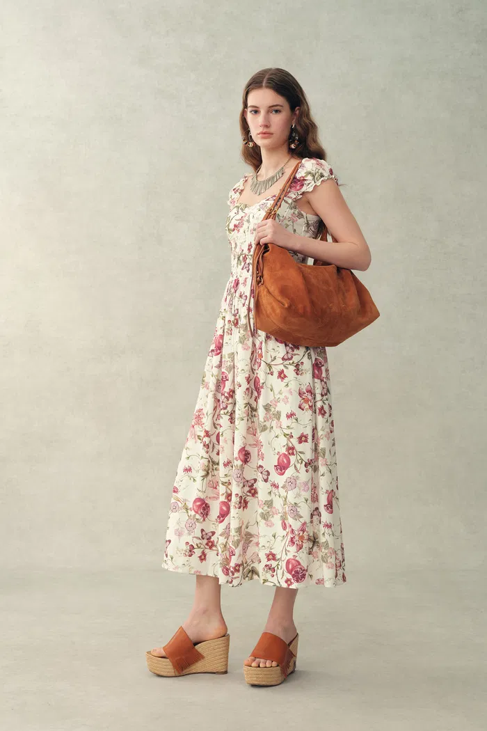 Ria Smocked Pomegranate Print Strap Dress with Built-In Cups in Linen Blend - Image 4