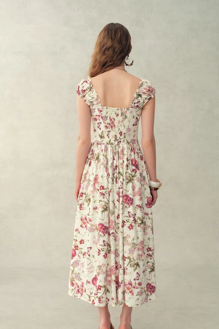 Ria Smocked Pomegranate Print Strap Dress with Built-In Cups in Linen Blend - Image 5