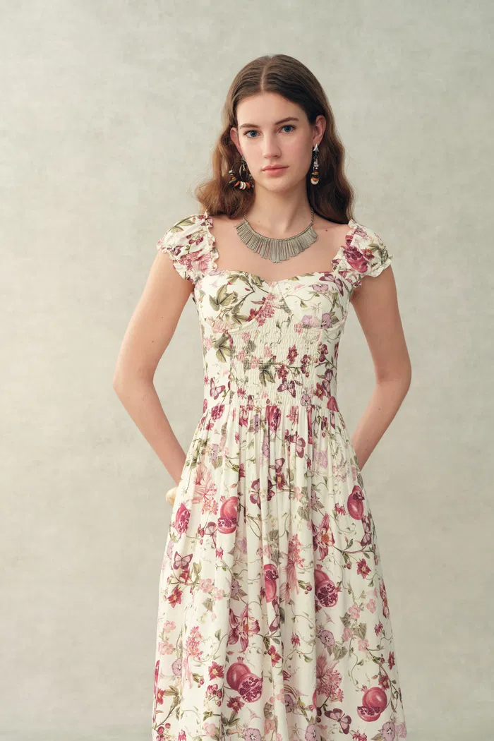 Ria Smocked Pomegranate Print Strap Dress with Built-In Cups in Linen Blend - Image 6