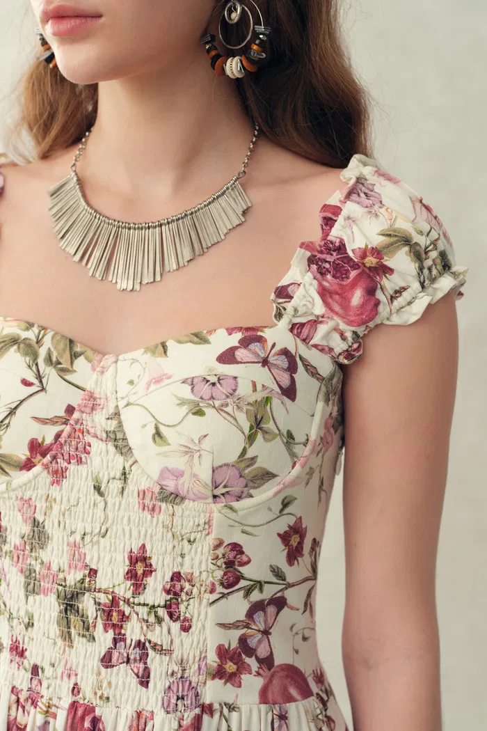 Ria Smocked Pomegranate Print Strap Dress with Built-In Cups in Linen Blend - Image 7