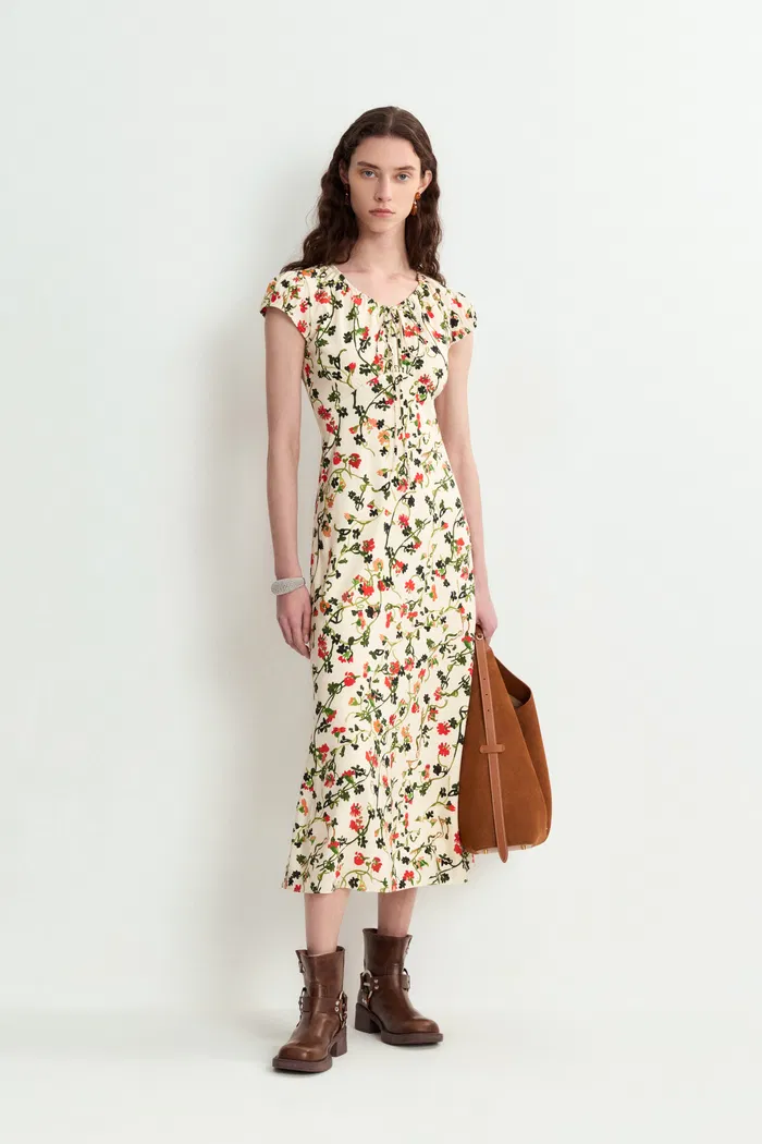 Rika Flora Dress in Midi Matte Silk Crepe