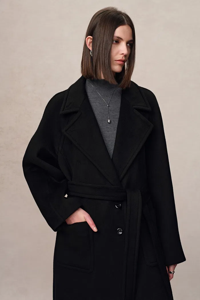Rond Black Maxi Lapel Long Coat in Merino Cashmere Blend - Image 2
