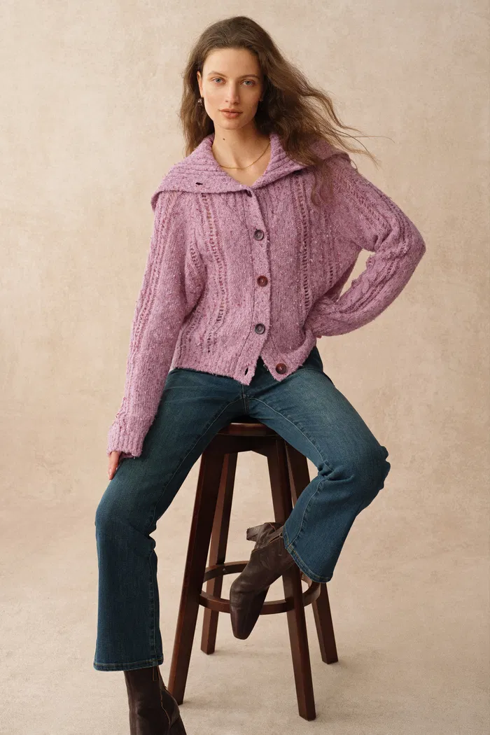 Rosalina Convertible Shawl Collar Cardigan in Merino Wool Cable Knit - Image 2