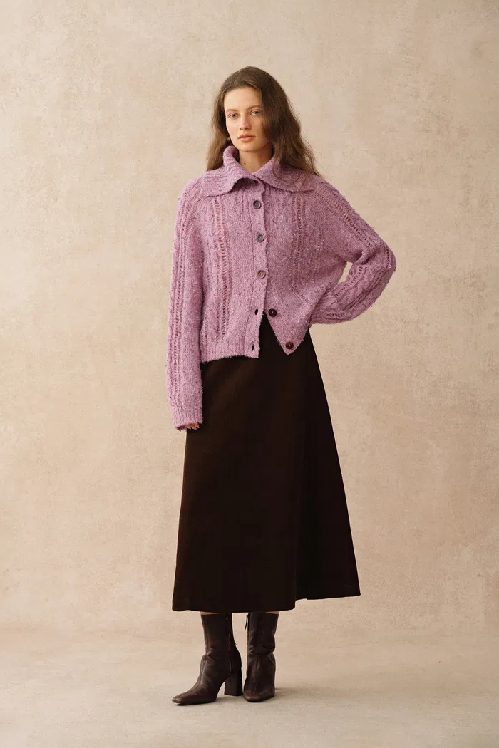 Rosalina Convertible Shawl Collar Cardigan in Merino Wool Cable Knit - Image 3