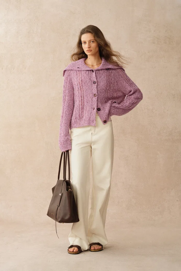 Rosalina Convertible Shawl Collar Cardigan in Merino Wool Cable Knit - Image 4