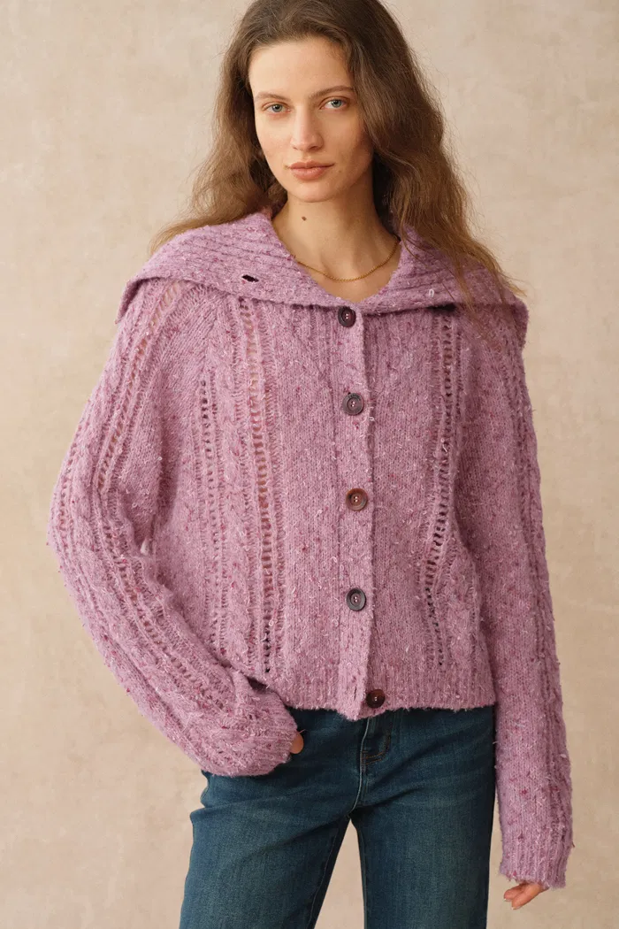 Rosalina Convertible Shawl Collar Cardigan in Merino Wool Cable Knit - Image 5