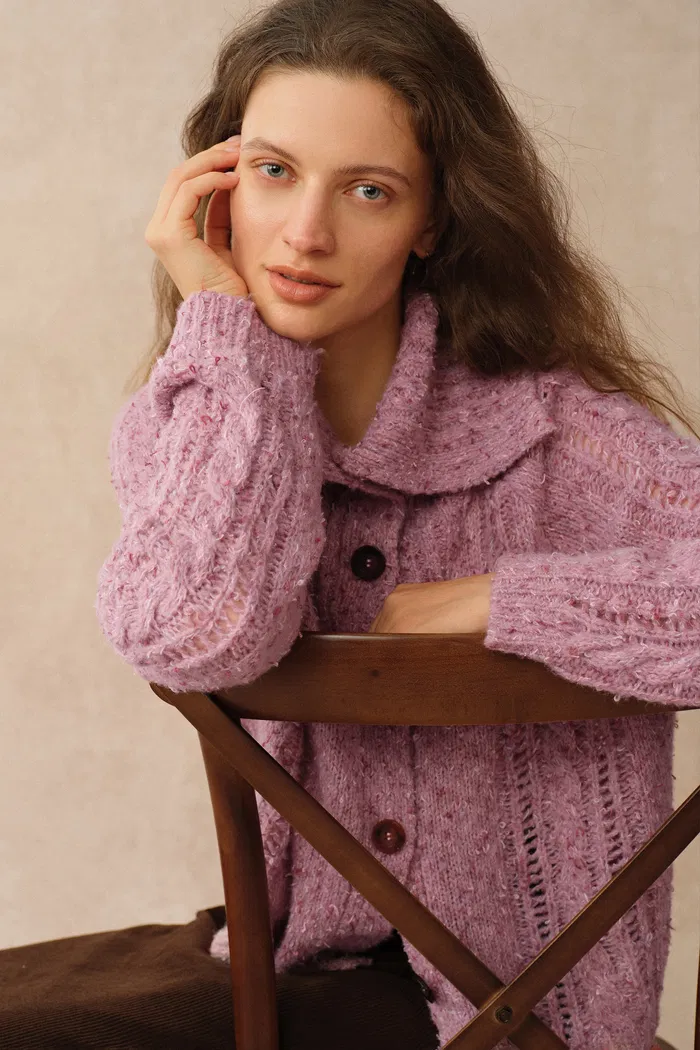 Rosalina Convertible Shawl Collar Cardigan in Merino Wool Cable Knit - Image 6