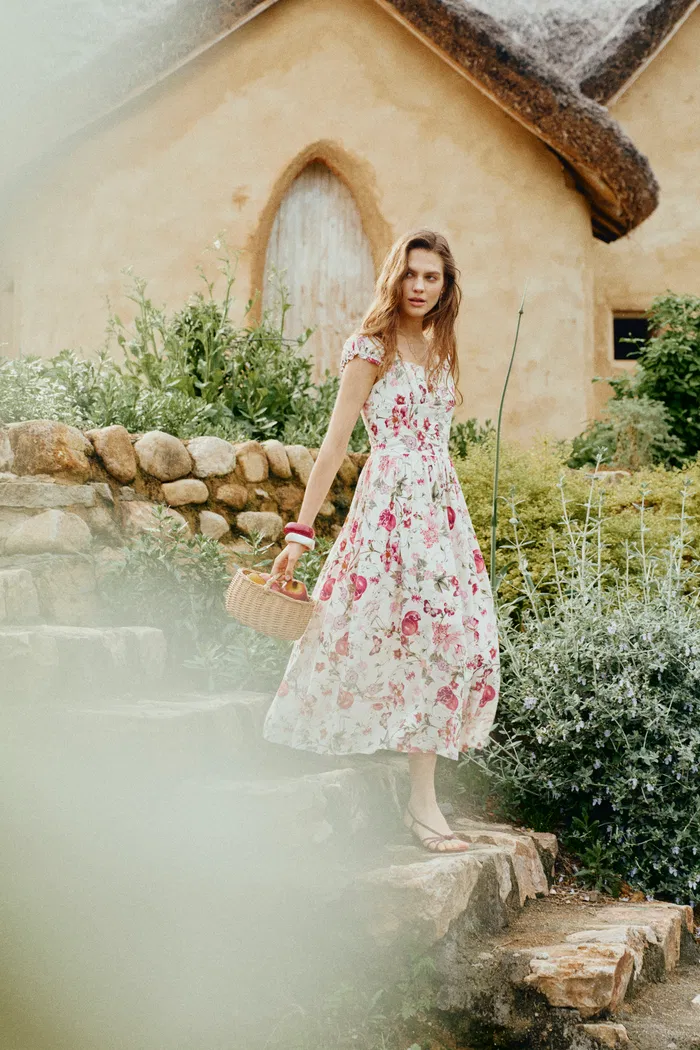 Rosalina Smocked Pomegranate Print Strap Dress in Linen Blend - Image 3