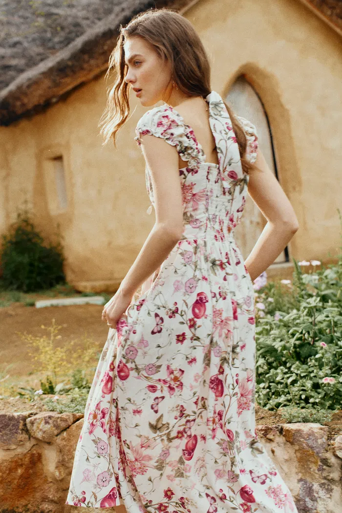 Rosalina Smocked Pomegranate Print Strap Dress in Linen Blend - Image 4