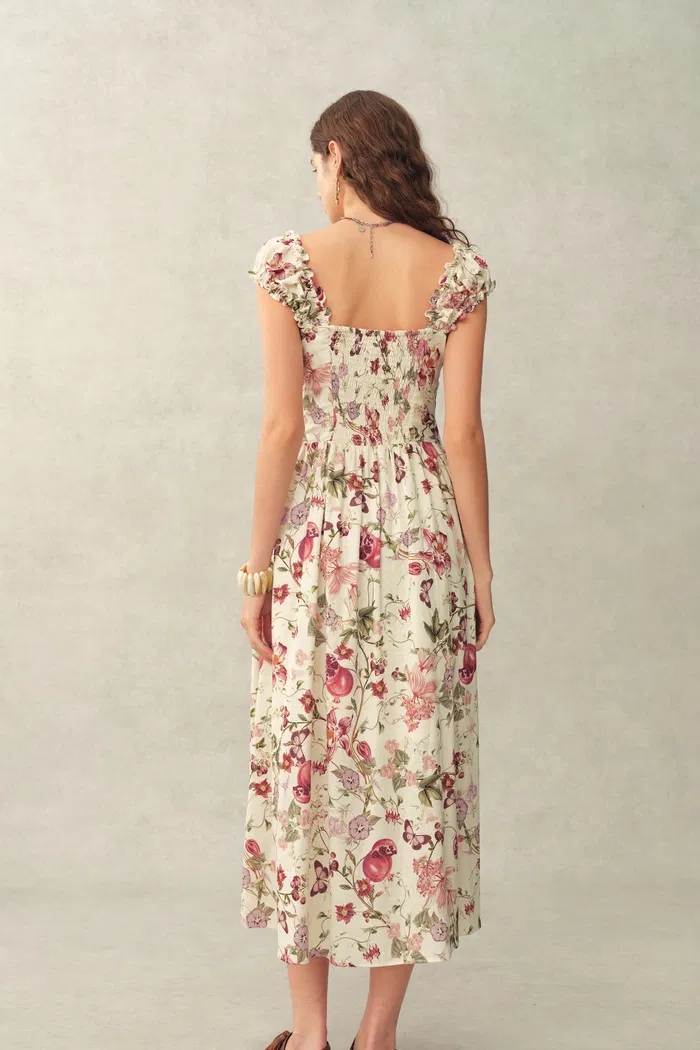 Rosalina Smocked Pomegranate Print Strap Dress in Linen Blend - Image 5