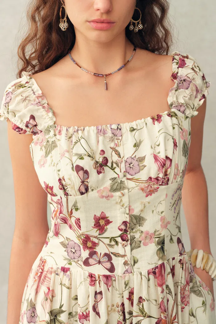 Rosalina Smocked Pomegranate Print Strap Dress in Linen Blend - Image 6