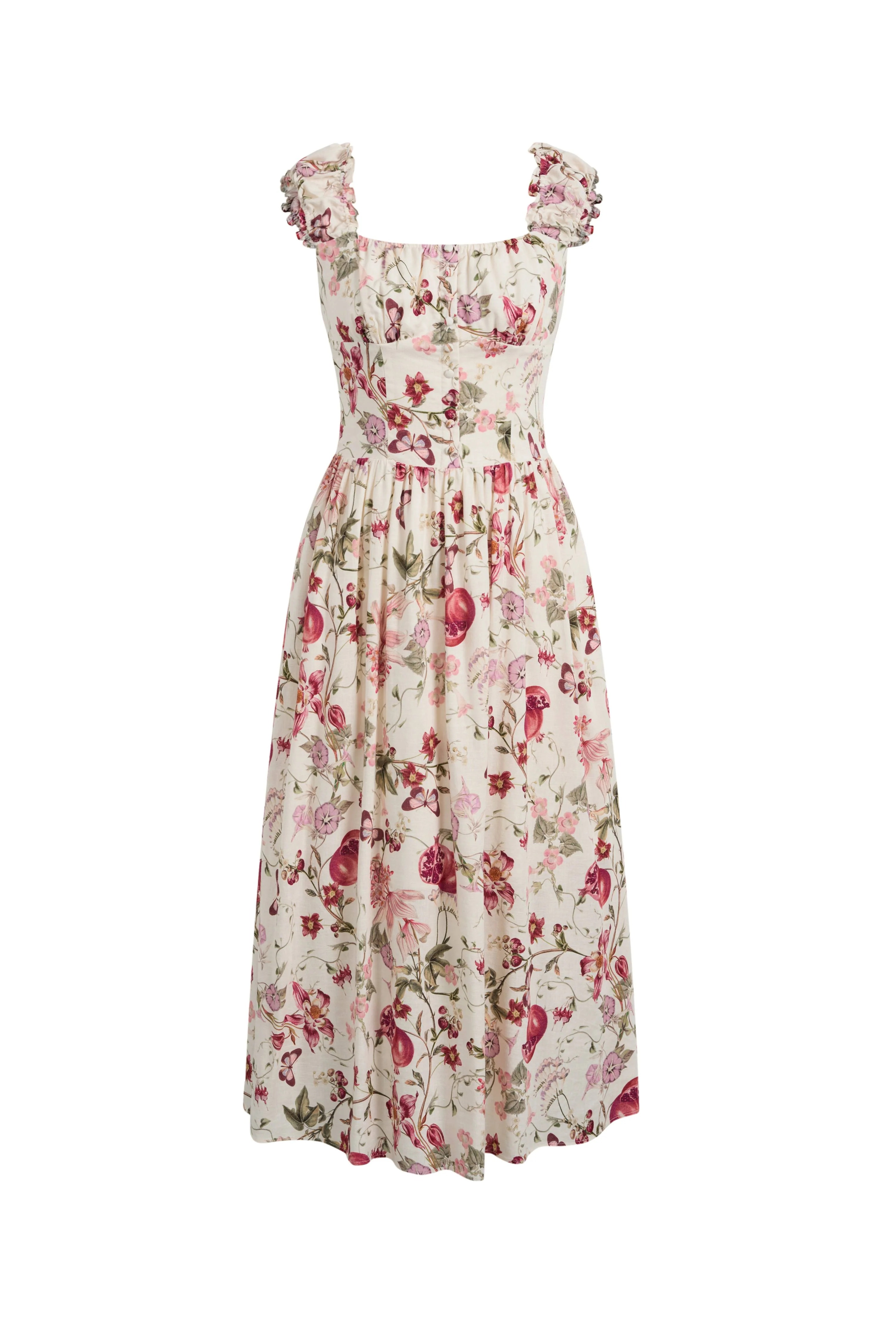 Rosalina Smocked Pomegranate Print Strap Dress in Linen Blend - Image 7