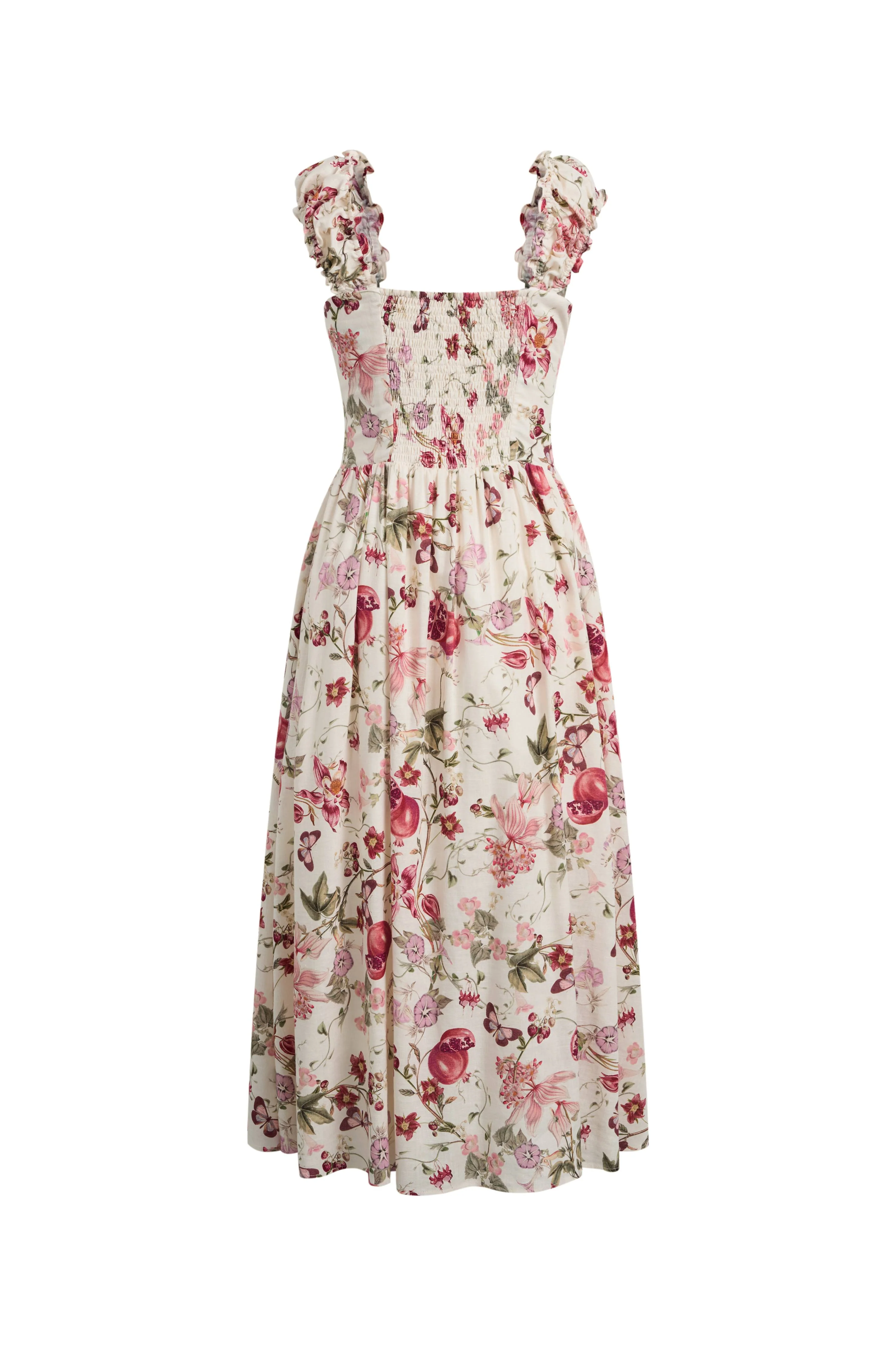 Rosalina Smocked Pomegranate Print Strap Dress in Linen Blend - Image 8