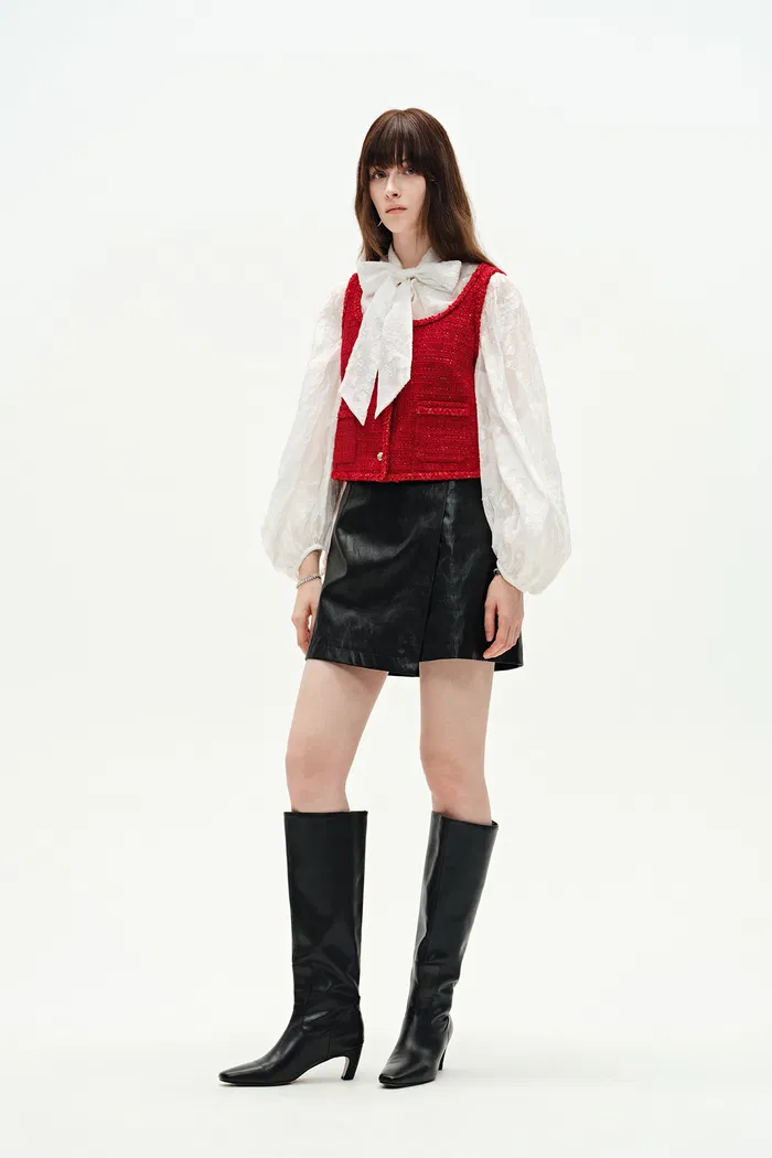 Ruby Red Handmade Silky Ribbon Tweed Vest - Image 3