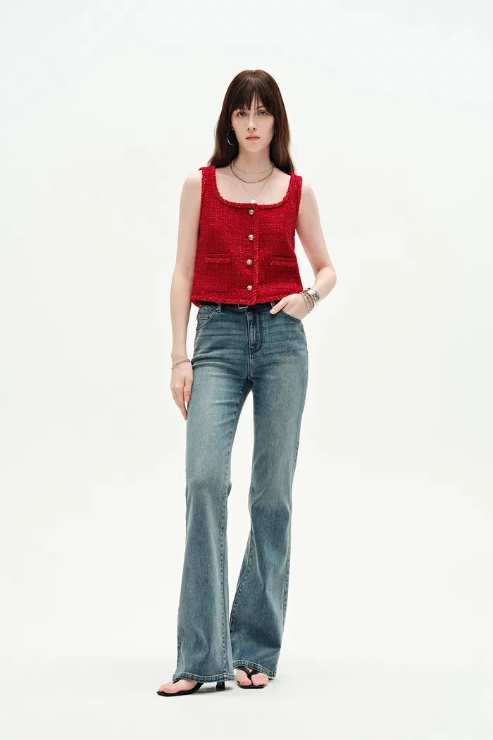 Ruby Red Handmade Silky Ribbon Tweed Vest - Image 4