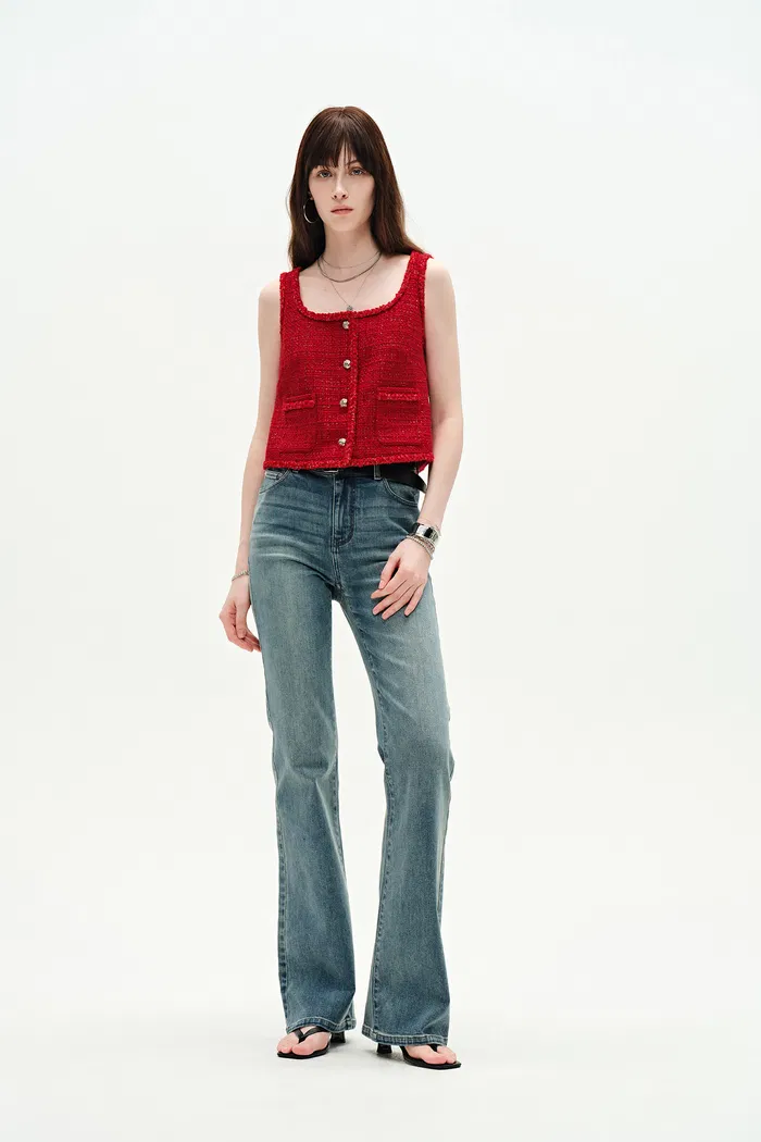Ruby Red Handmade Silky Ribbon Tweed Vest - Image 7