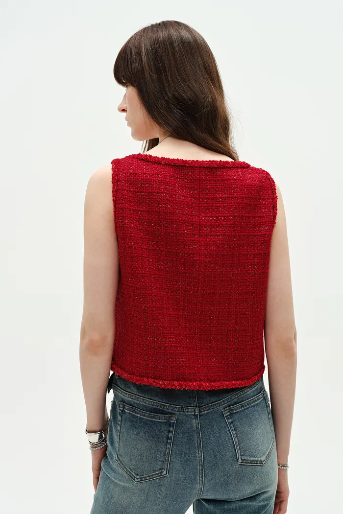 Ruby Red Handmade Silky Ribbon Tweed Vest - Image 8