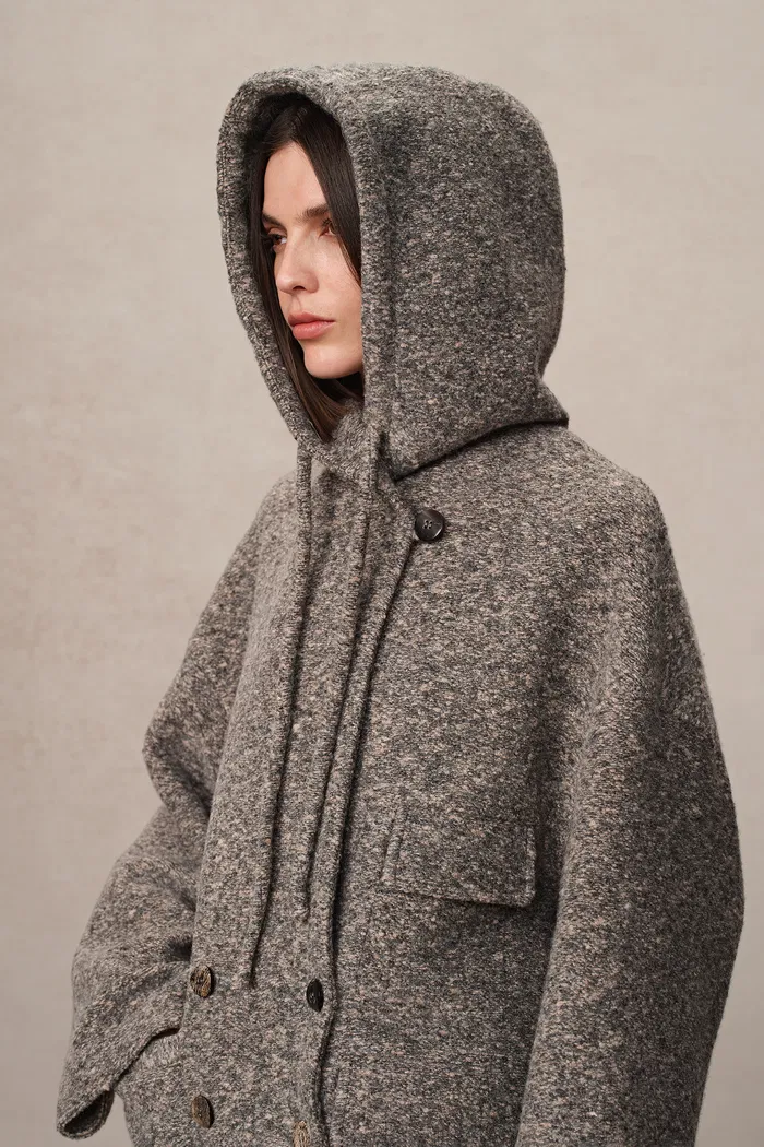 Rue Hooded Long Coat in Ultra-Light Wool Bouclé - Image 6