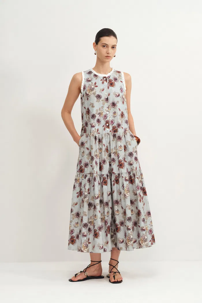 Sabrina Ruffle Hand Painted Flora Print Dress in Silk Cotton - Image 3