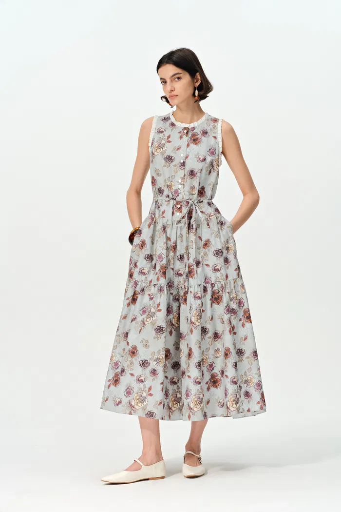 Sabrina Ruffle Hand Painted Flora Print Dress in Silk Cotton - Image 4
