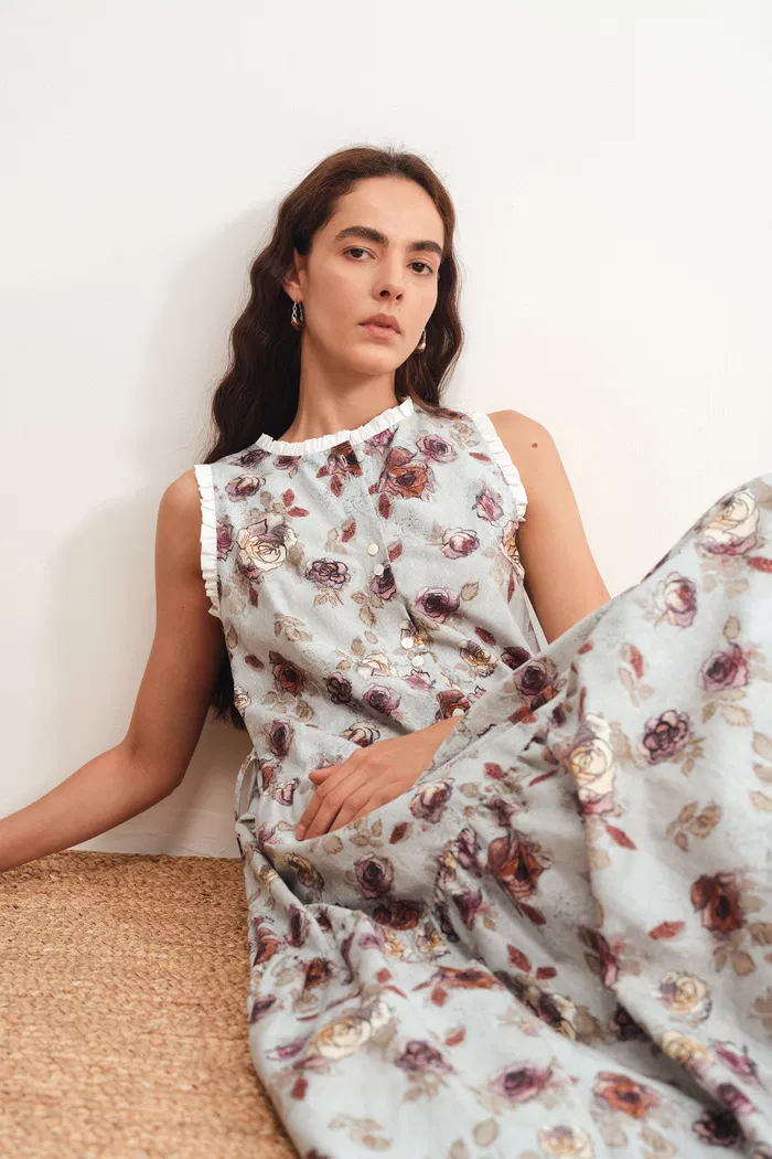 Sabrina Ruffle Hand Painted Flora Print Dress in Silk Cotton - Image 5