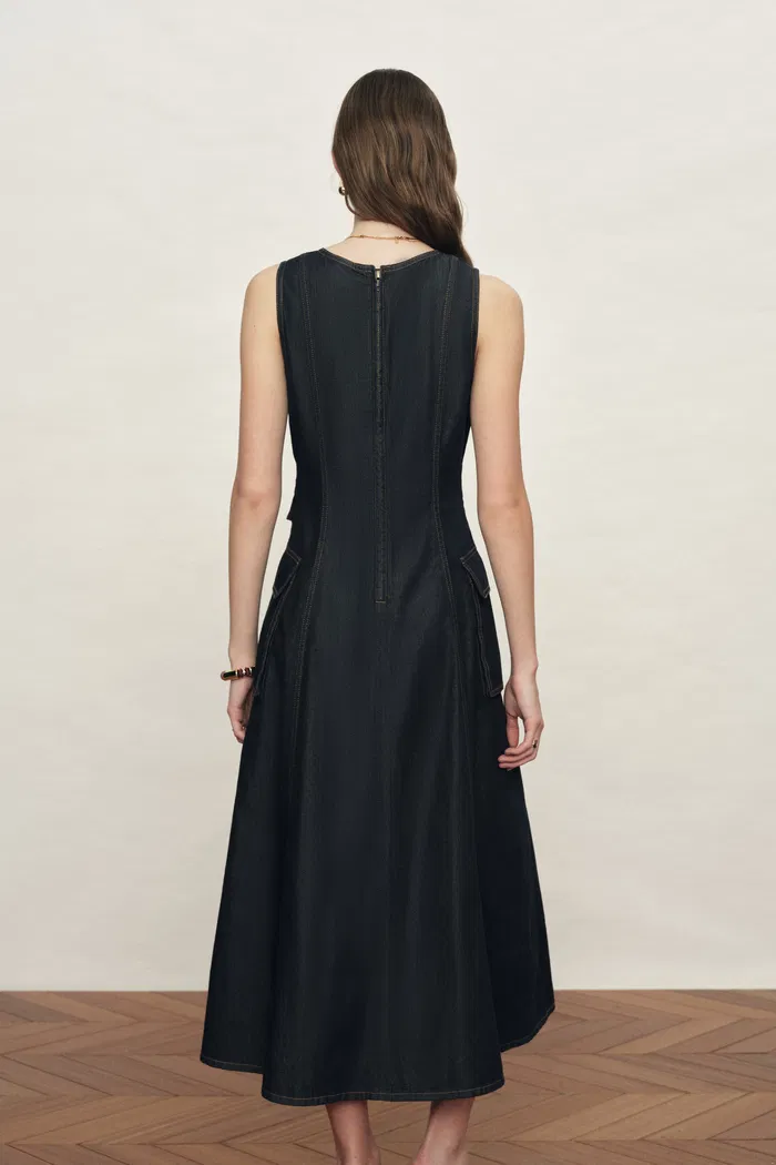 Sadie  Lightweight Washed Sleeveless A line Dress in Cotton Denim - Image 2