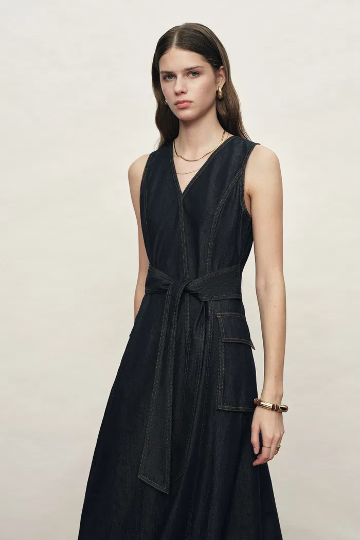 Sadie  Lightweight Washed Sleeveless A line Dress in Cotton Denim - Image 3
