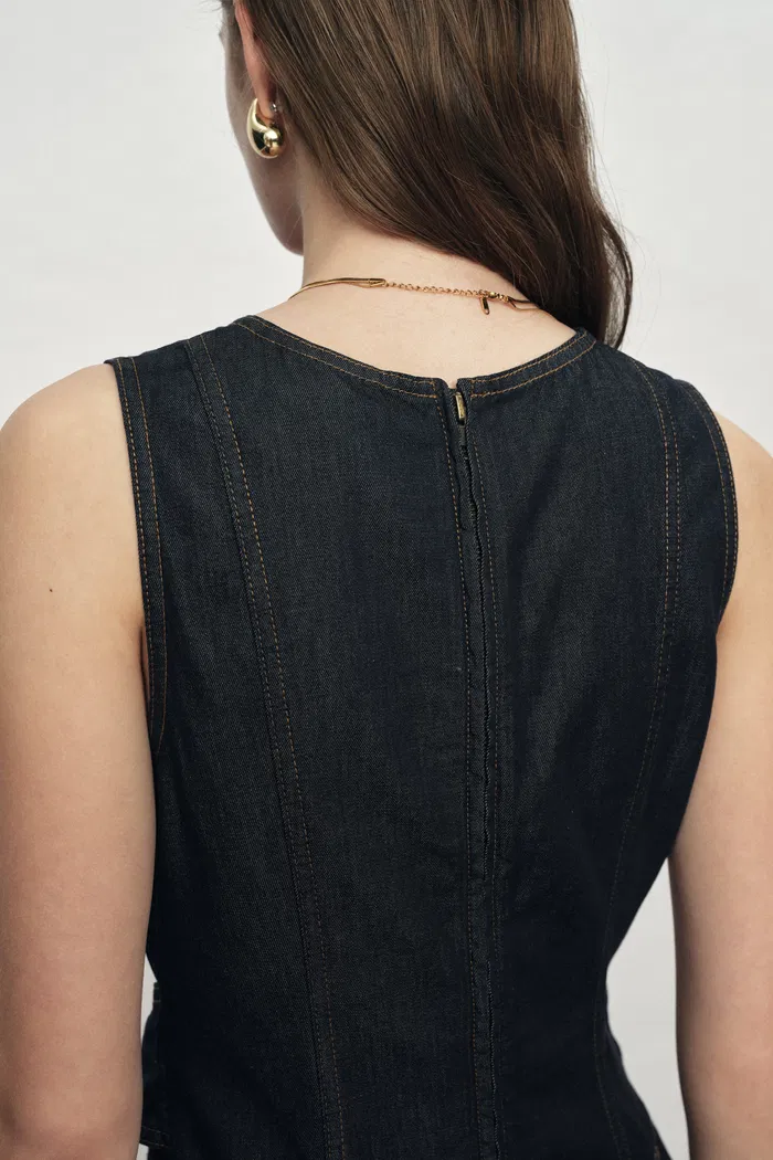 Sadie  Lightweight Washed Sleeveless A line Dress in Cotton Denim - Image 4