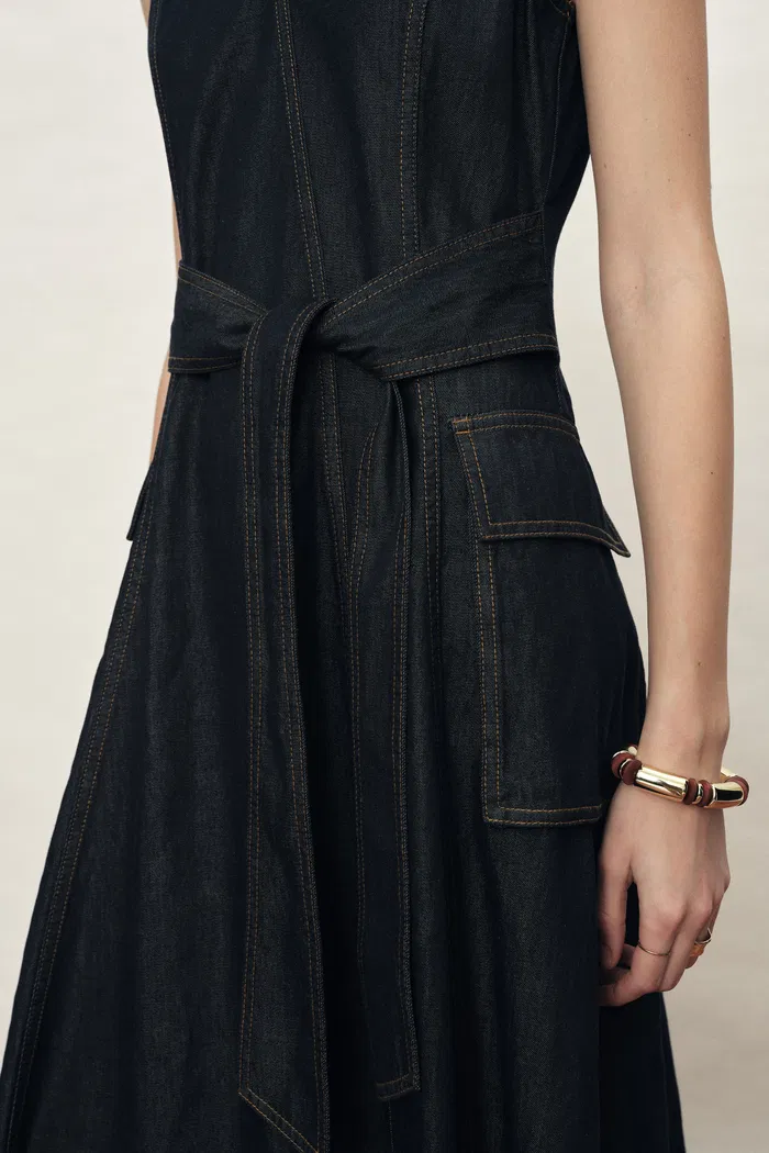 Sadie  Lightweight Washed Sleeveless A line Dress in Cotton Denim - Image 5