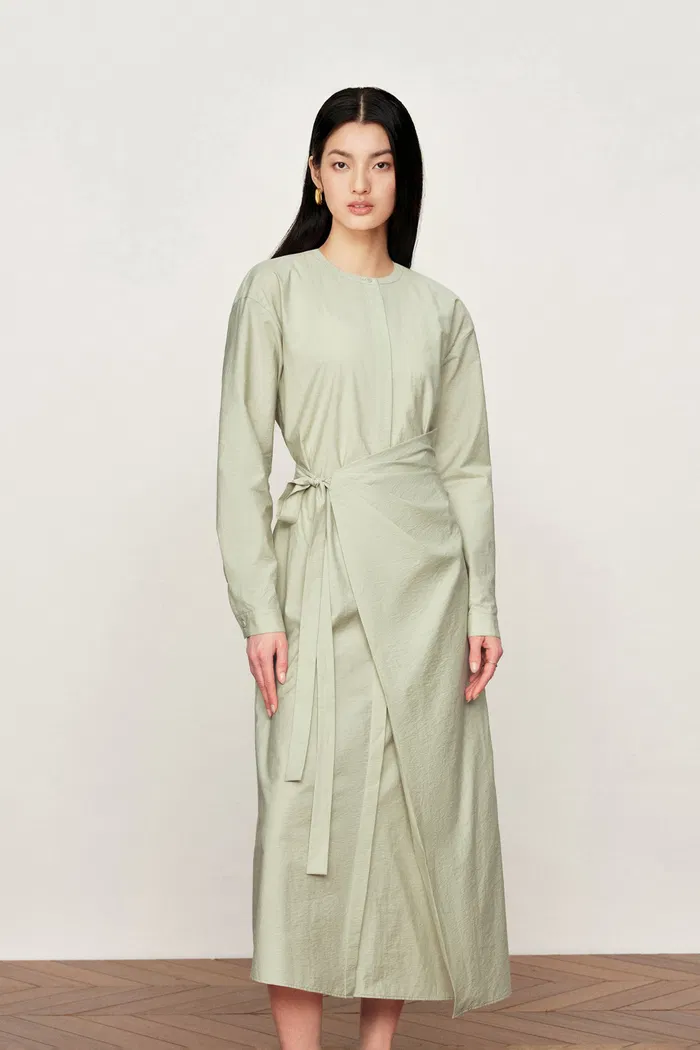 Sage Wrap Tie Long Sleeve Dress in  Cotton Poplin - Image 3
