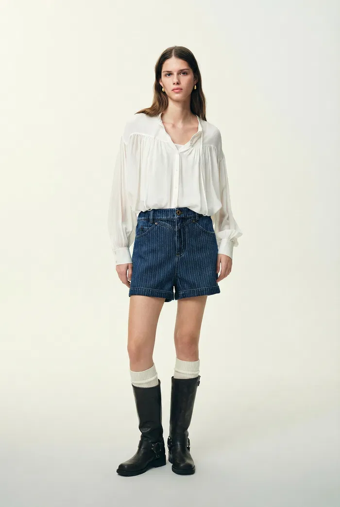 Salome Vertical Stripe Shorts in Herringbone Denim - Image 2